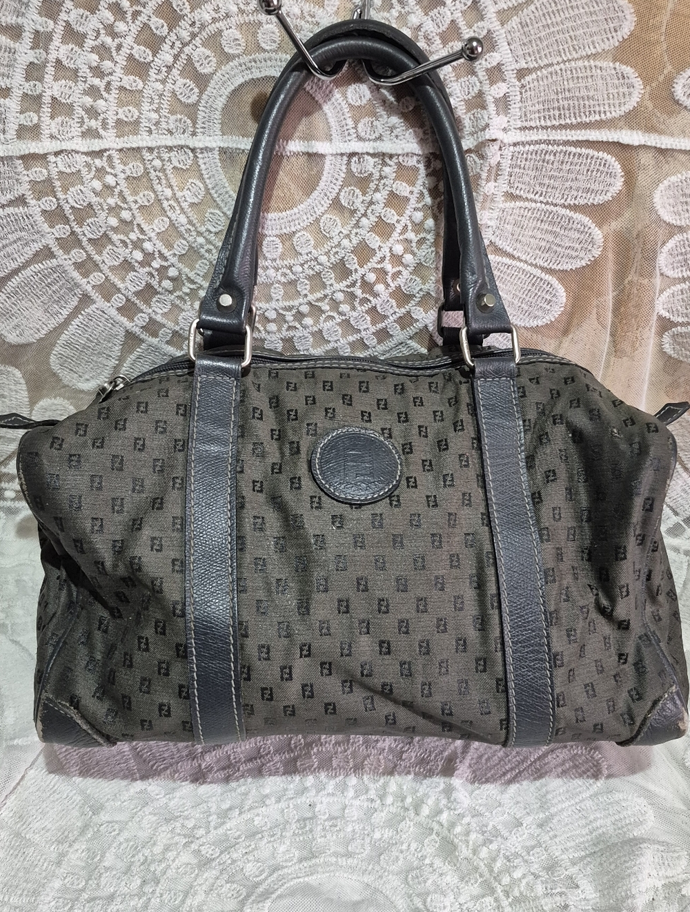 Fendi Gray Monogram Tote with Blue Leather Trim